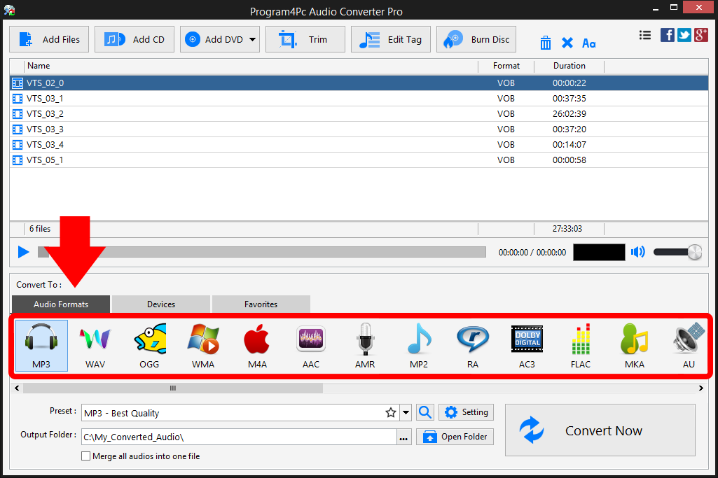 Choose output audio format and convert the DVD