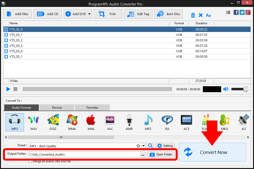 Define output folder and convert audio