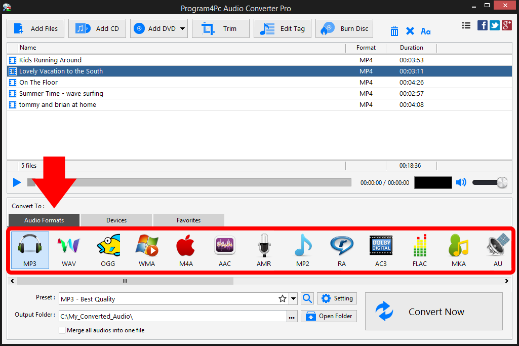 Select output audio format and convert your video to audio