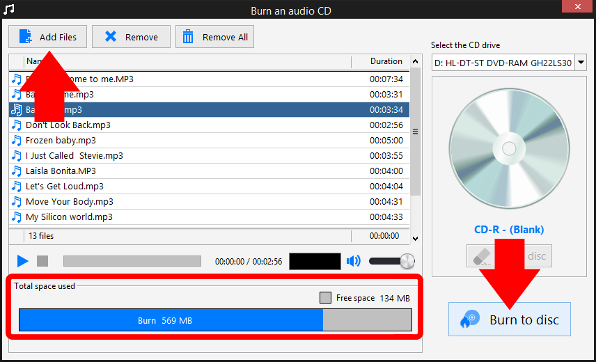 Create and burn an audio CD