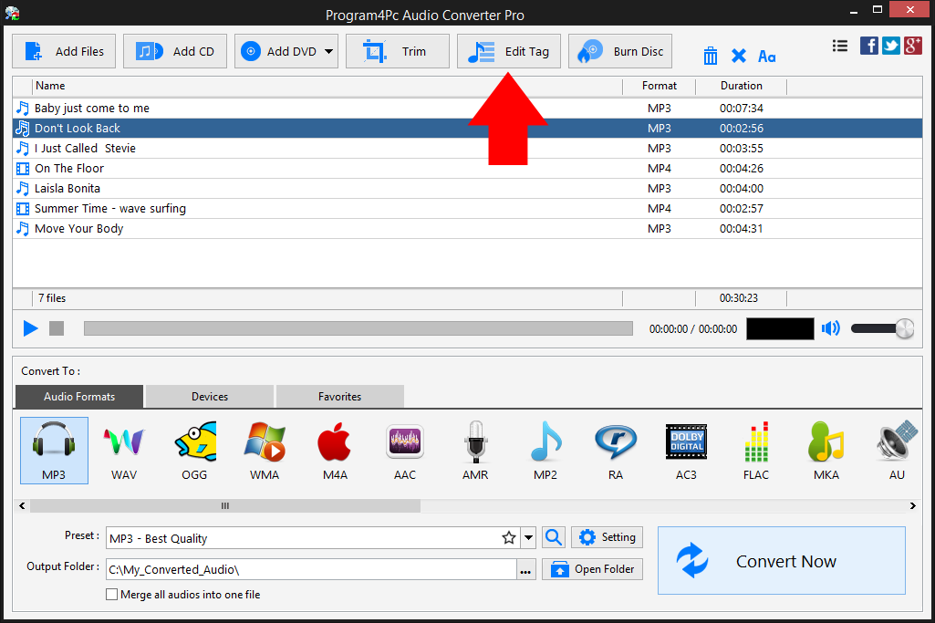 Select audio file from the list to edit ID tags