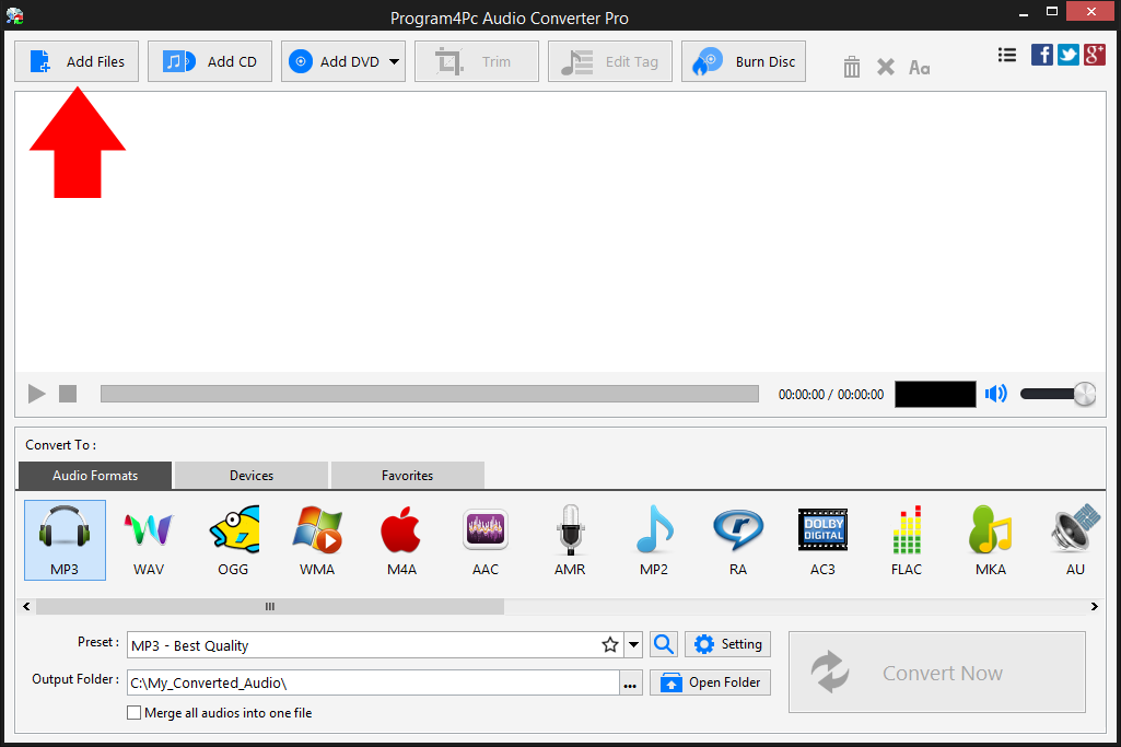 Add audio files into Program4Pc Audio Converter Pro to merge together