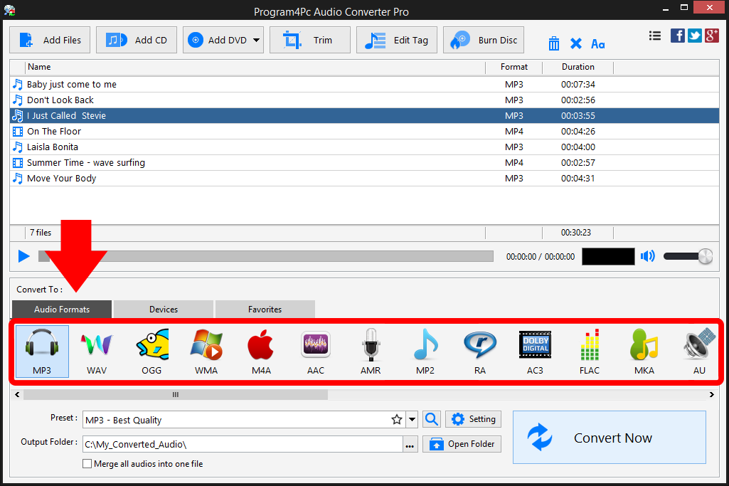 Select output audio format and merge all your audios