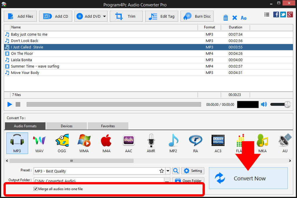 Convert and merge all audio files to a single audio format