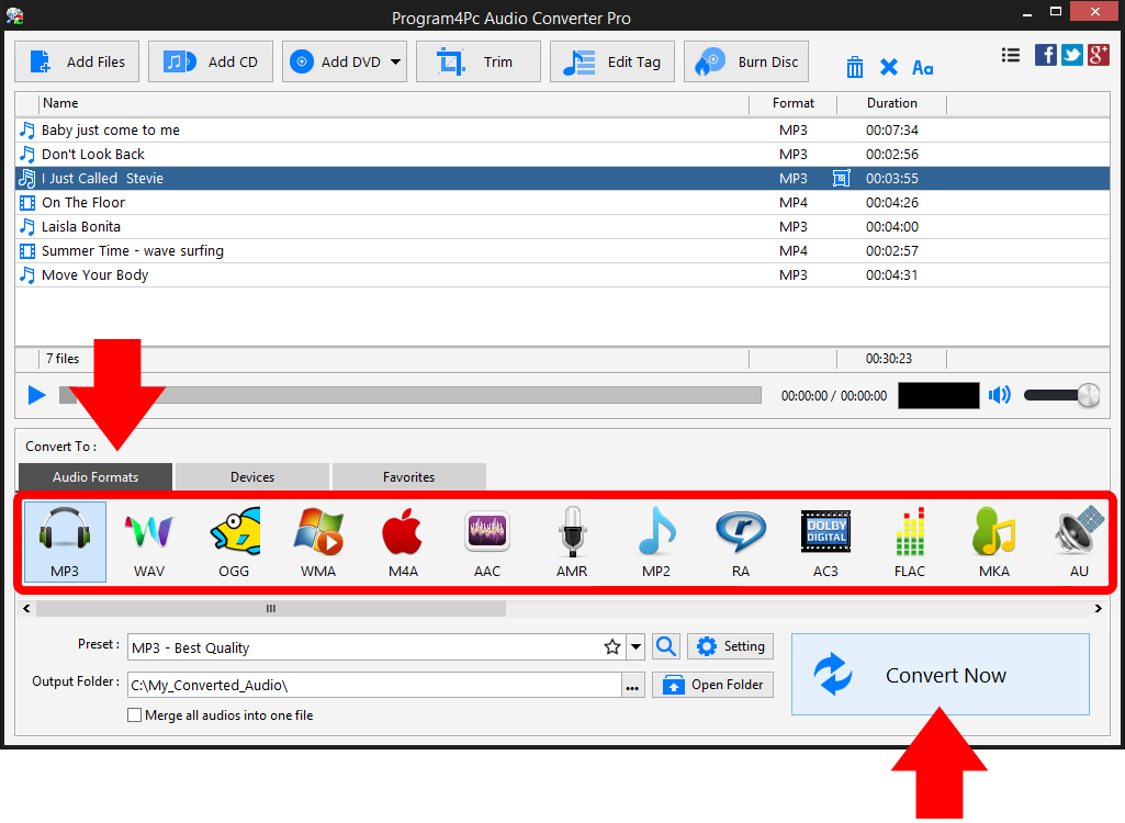 Convert and save the trimmed audio via program4pc audio converter
