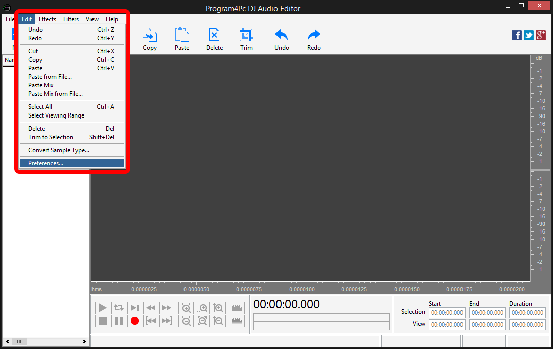 Open audio editor and prepare for recording
