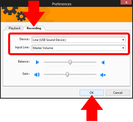 Select and define sound card and recorder settings