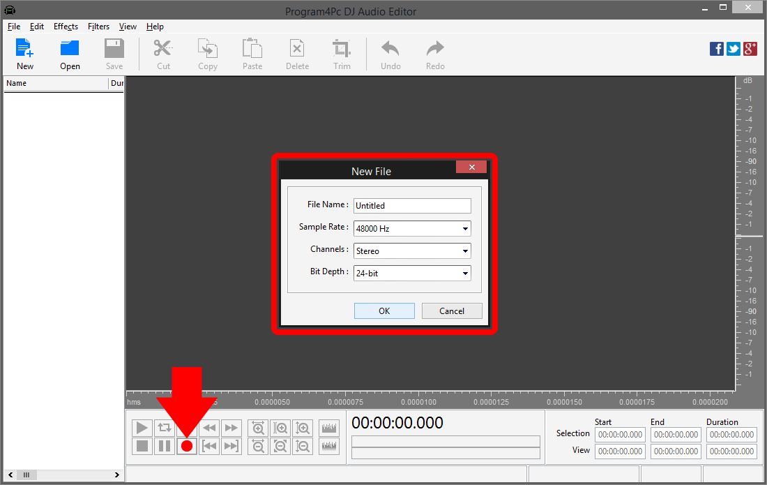 Define audio file settings in Program4Pc DJ Audio Editor