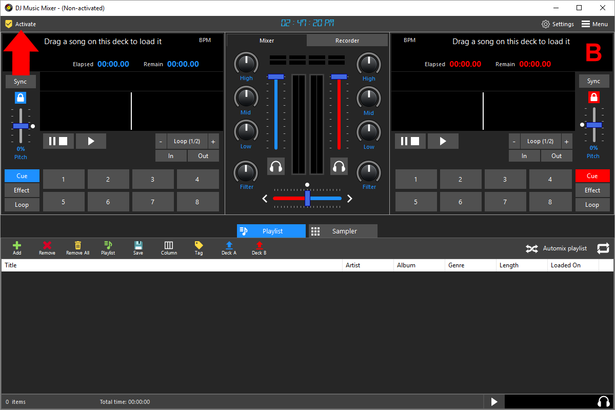 Load activation form to activate license of dj music mixer