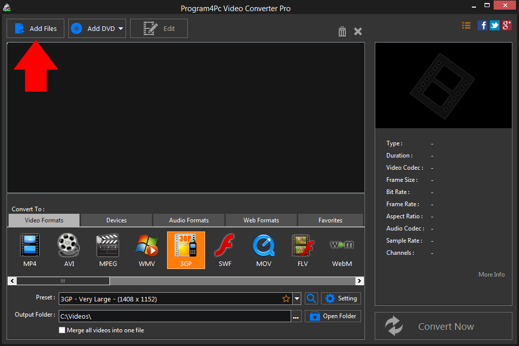 Run Program4Pc DAT to 3GP converter and convert your video files professionally
