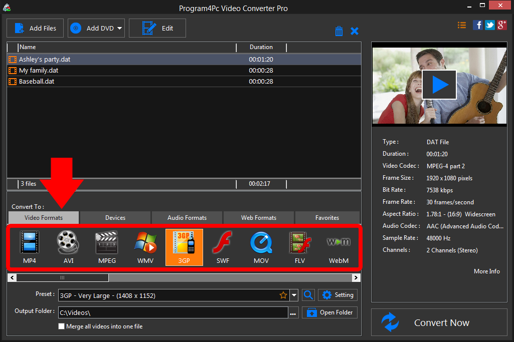 Select 3GP file format and convert it