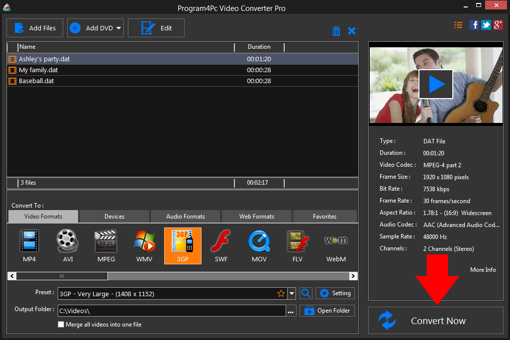 Convert DAT to 3GP video formats