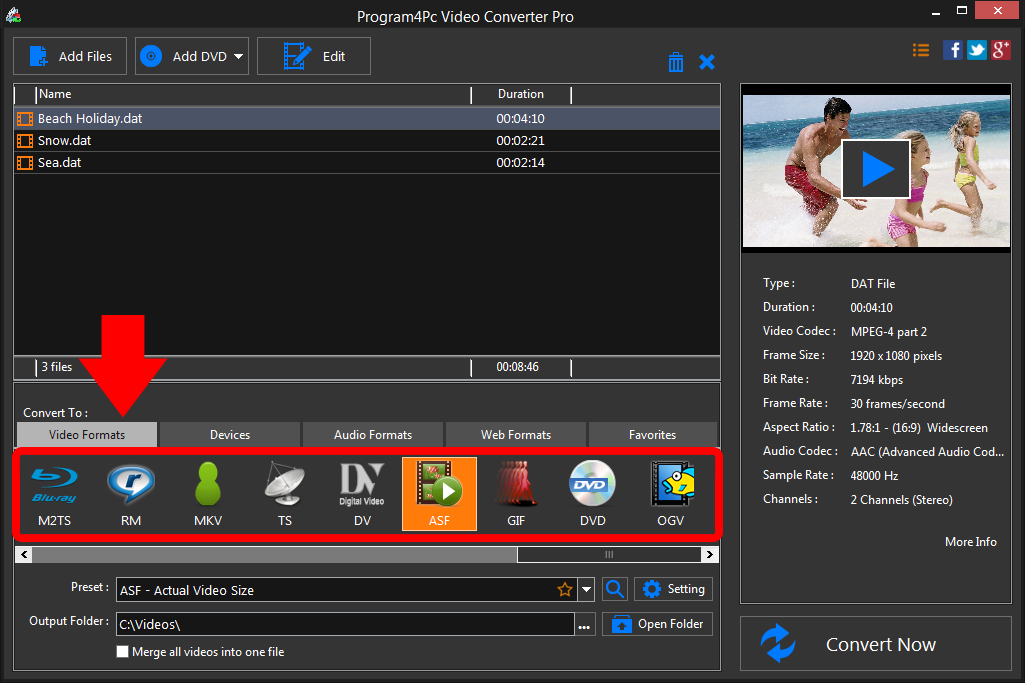 Select ASF file format and convert it