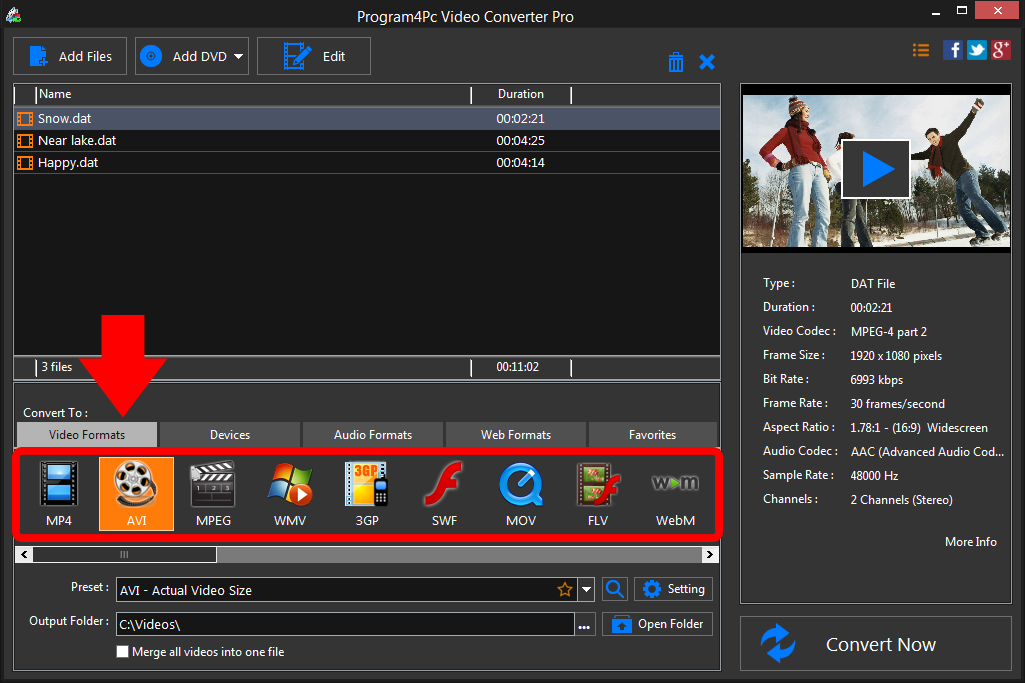 Select AVI file format and convert it