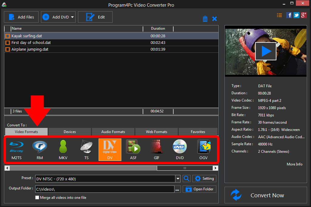 Select DV file format and convert it