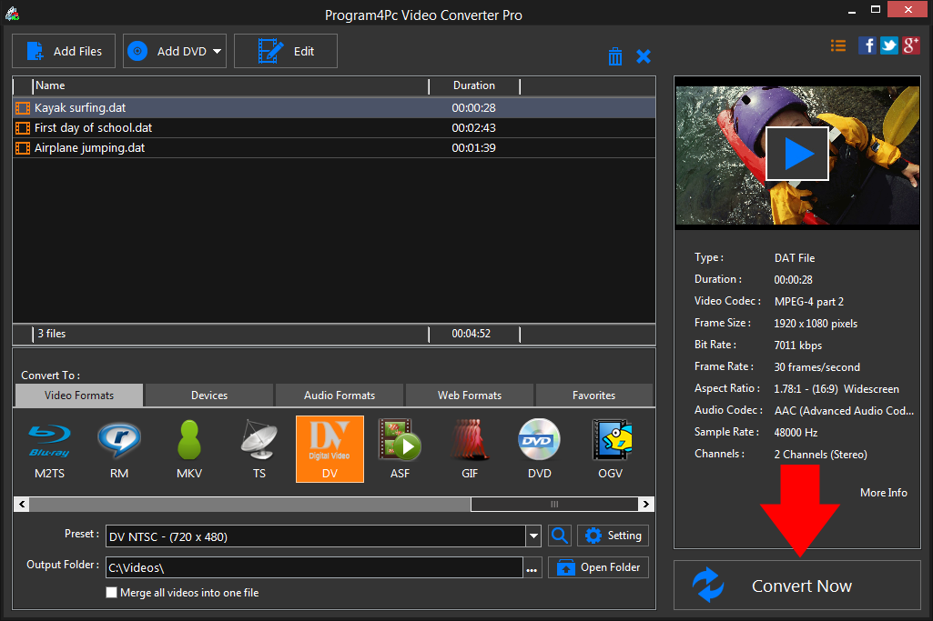 Convert DAT to DV video formats