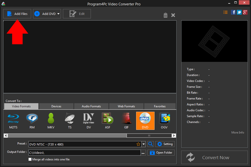 Run Program4Pc DAT to DVD converter and convert your video files professionally