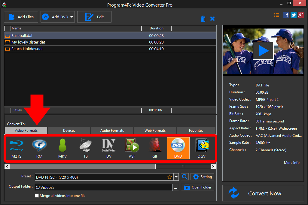Select DVD file format and convert it