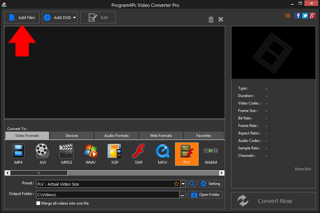 Run Program4Pc DAT to FLV converter and convert your video files professionally