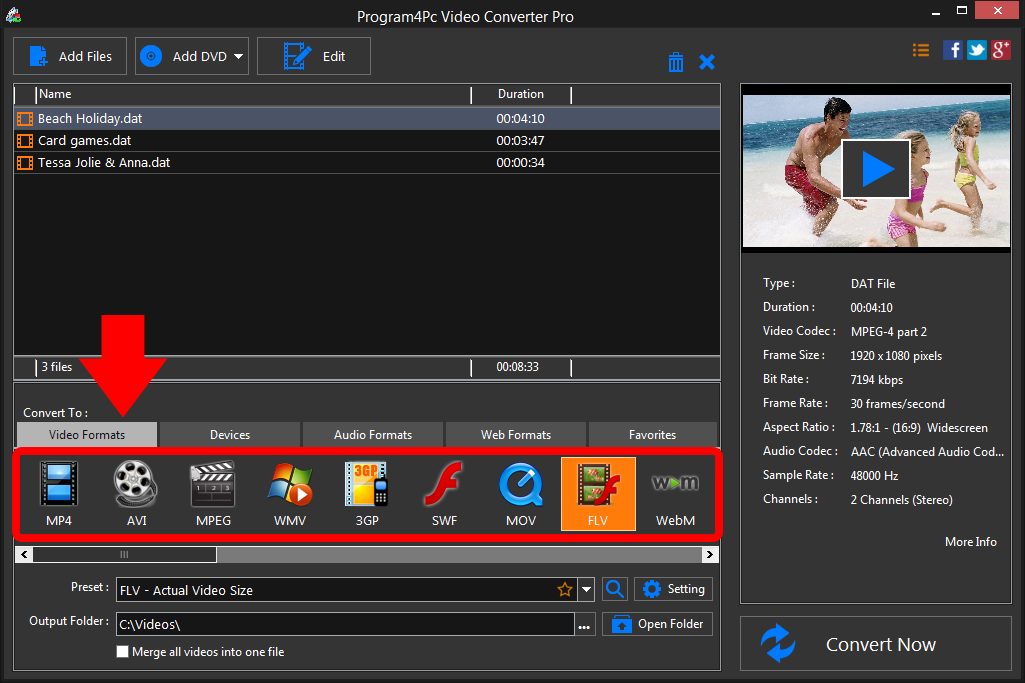Select FLV file format and convert it