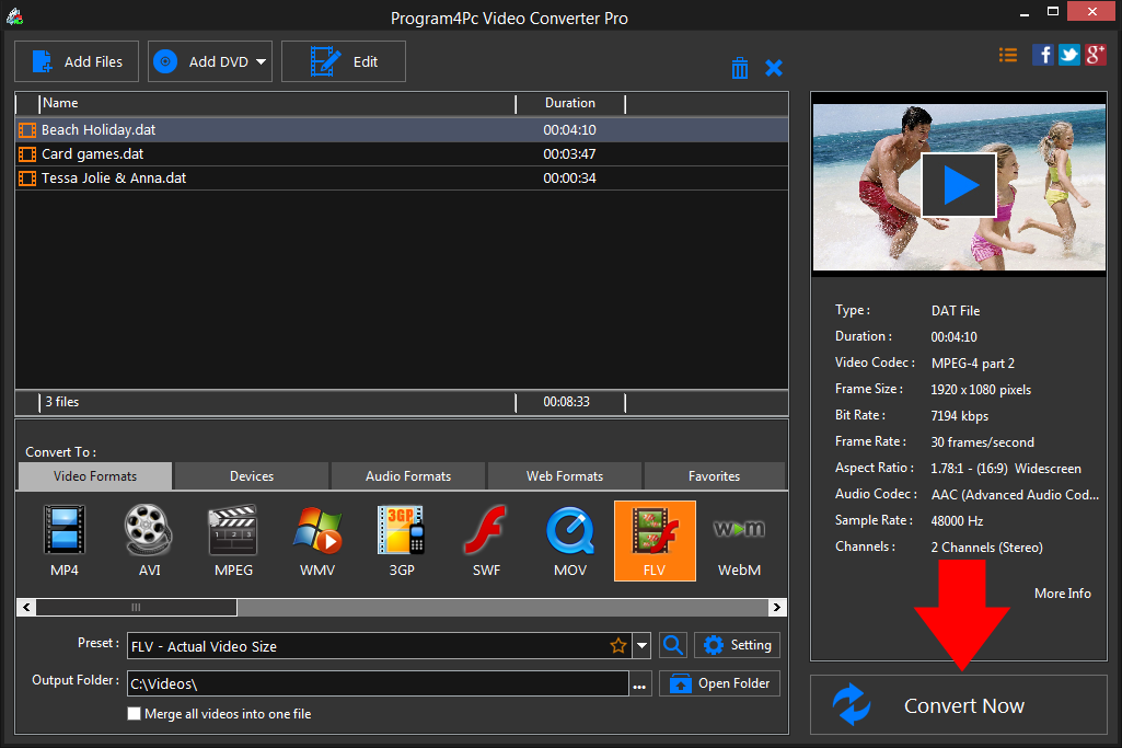 Convert DAT to FLV video formats