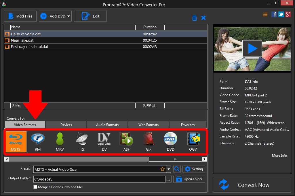 Select M2TS file format and convert it