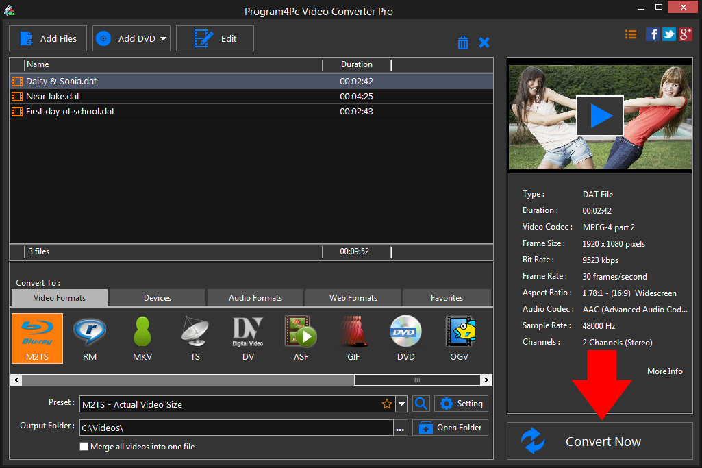 Convert DAT to M2TS video formats