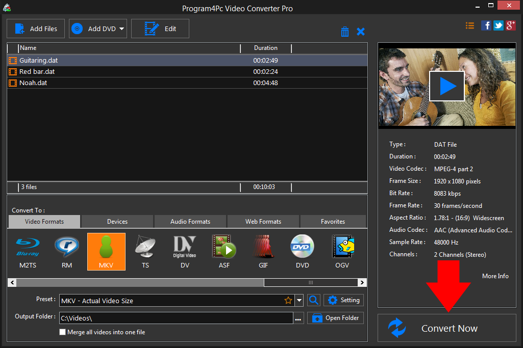 Convert DAT to MKV video formats