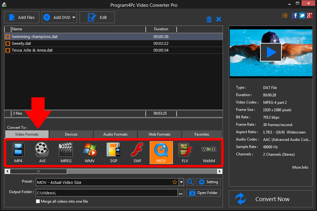 Select MOV file format and convert it