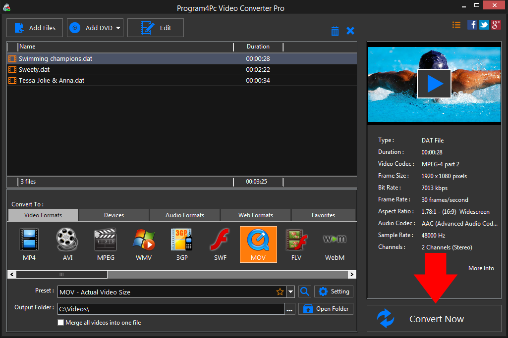 Convert DAT to MOV video formats