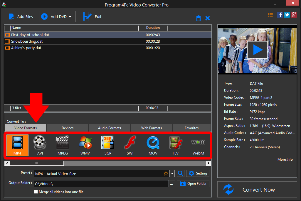 Select MP4 file format and convert it
