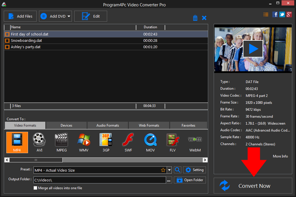 Convert DAT to MP4 video formats