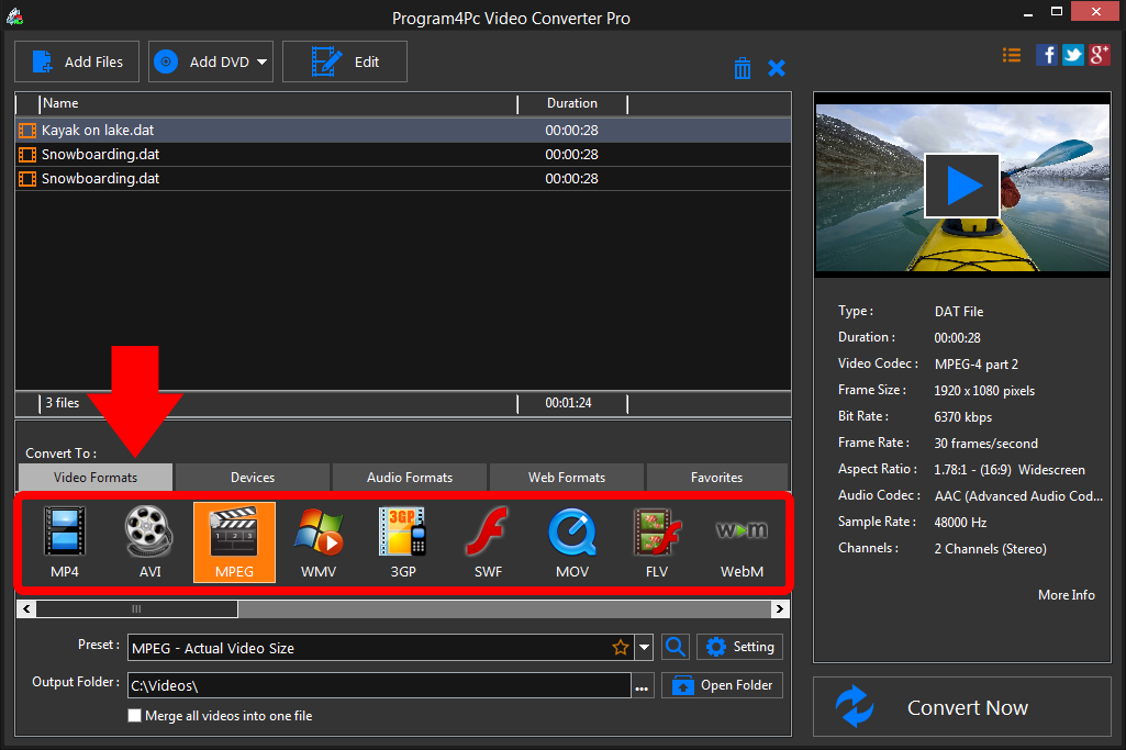 Select MPEG file format and convert it
