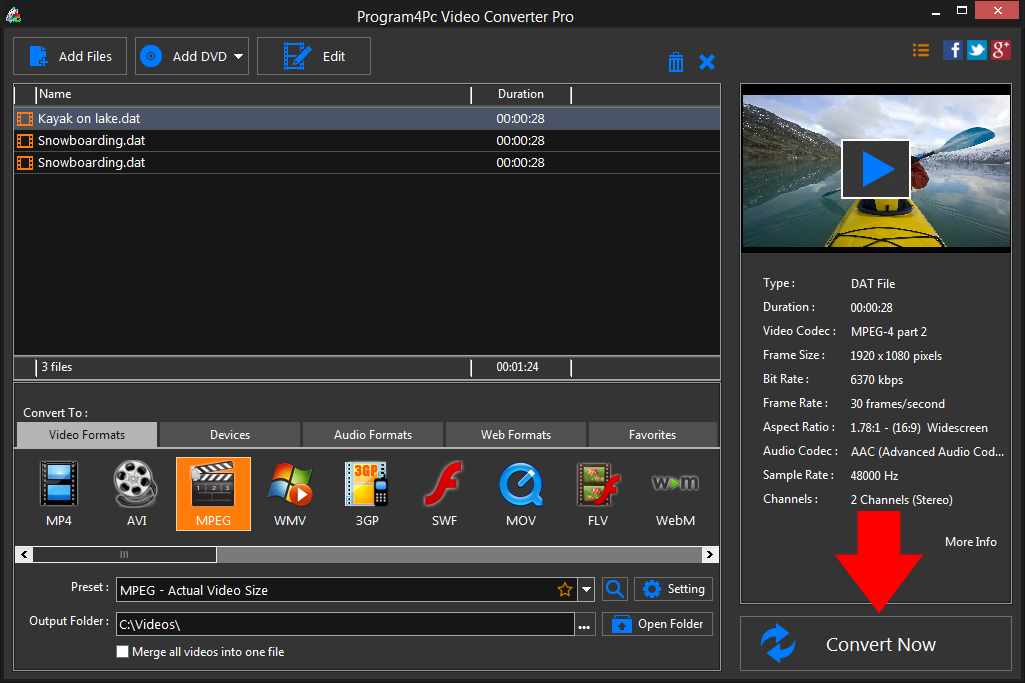 Convert DAT to MPEG video formats