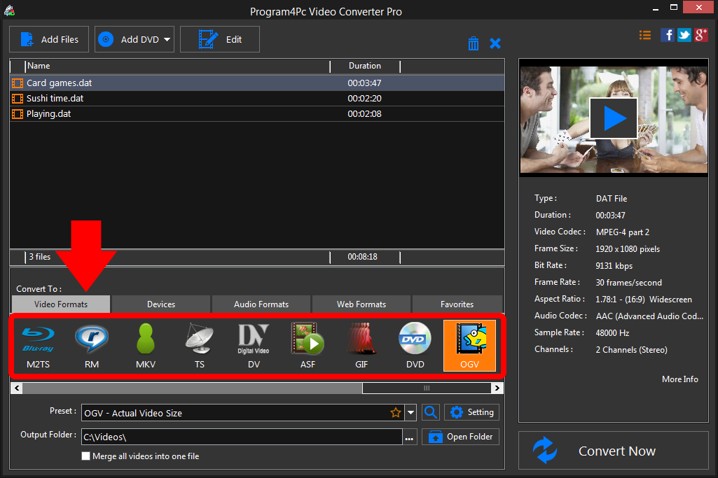 Select OGV file format and convert it