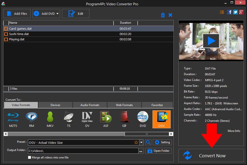 Convert DAT to OGV video formats