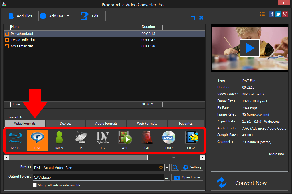Select RM file format and convert it