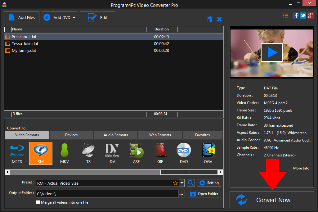 Convert DAT to RM video formats