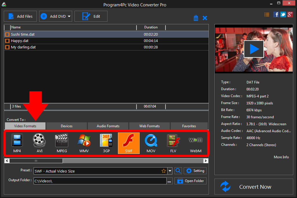 Select SWF file format and convert it