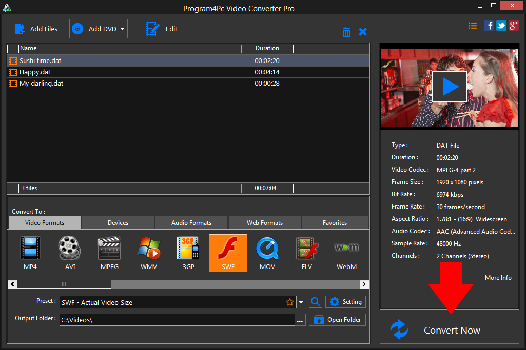 Convert DAT to SWF video formats