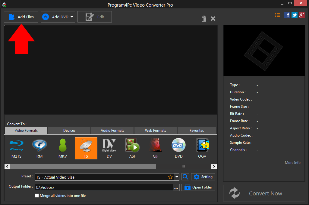Run Program4Pc DAT to TS converter and convert your video files professionally