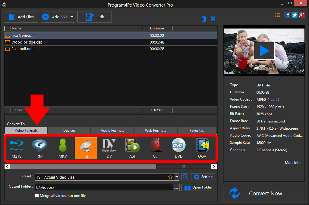 Select TS file format and convert it