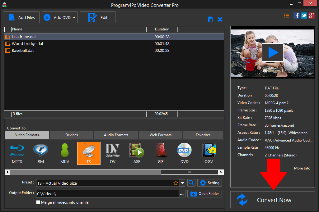 Convert DAT to TS video formats