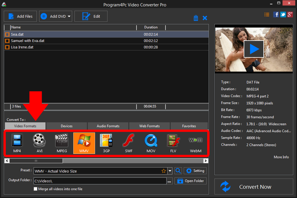 Select WMV file format and convert it