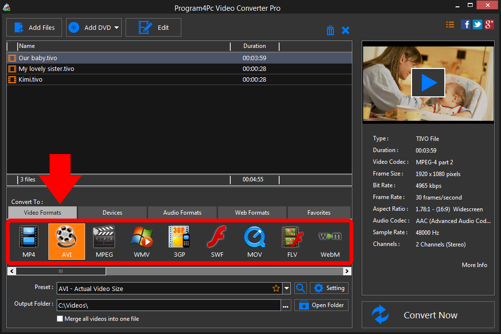 Select AVI file format and convert it