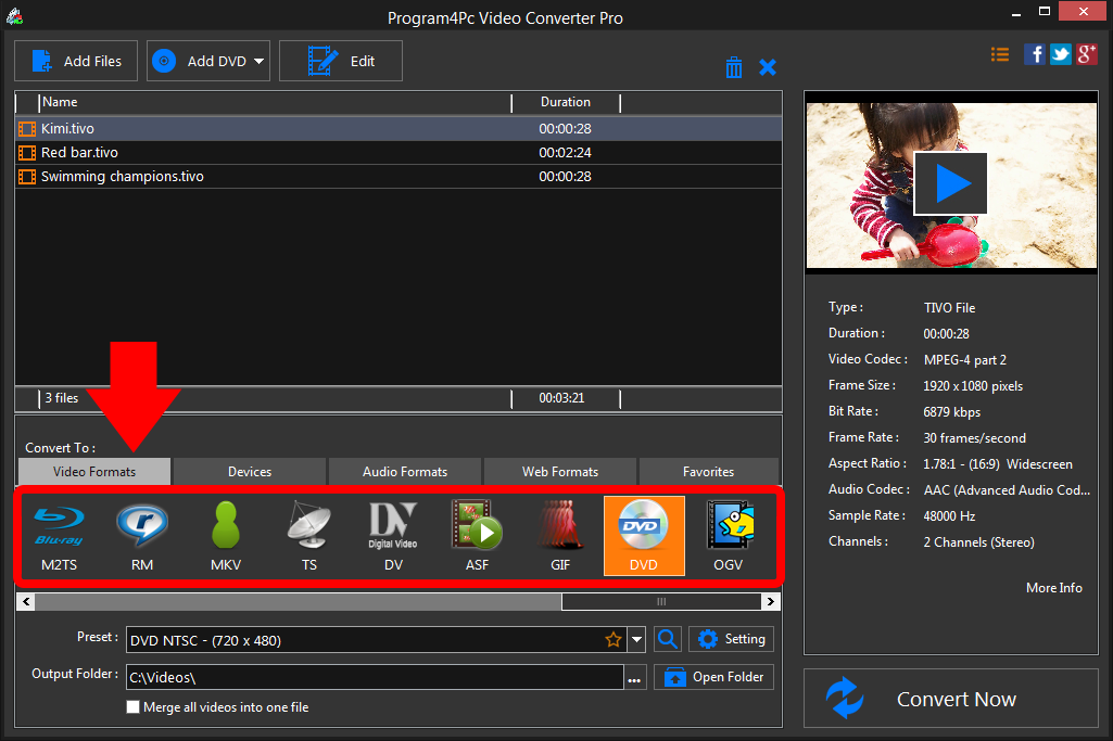 Select DVD file format and convert it