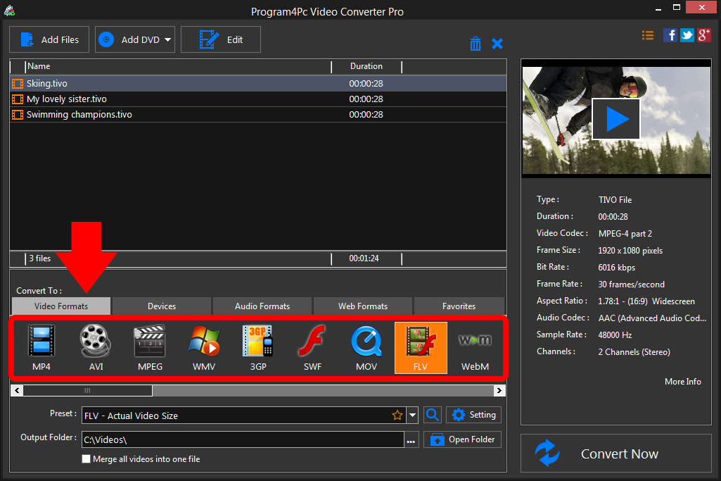 Select FLV file format and convert it