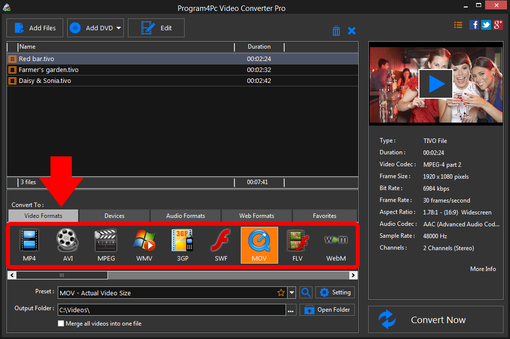 Select MOV file format and convert it