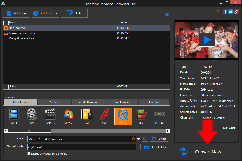 Convert TIVO to MOV video formats