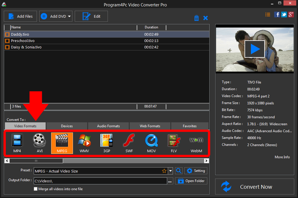 Select MPEG file format and convert it